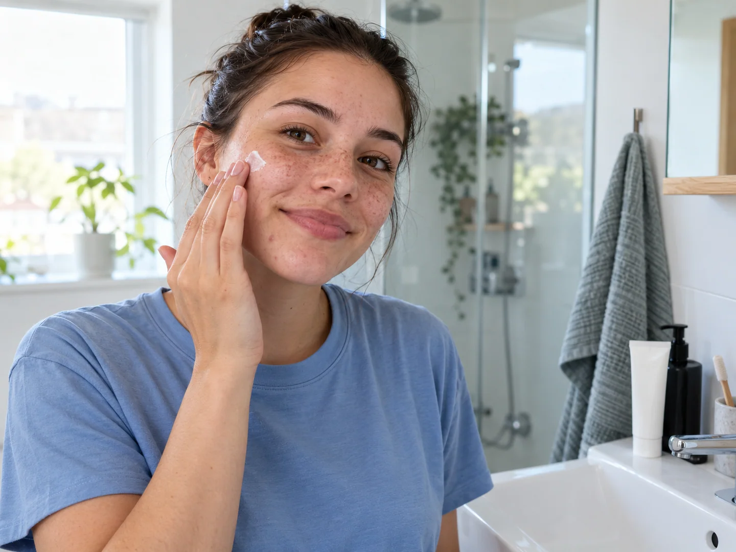 Lifestyle illustration of a young adult using a simple skincare routine