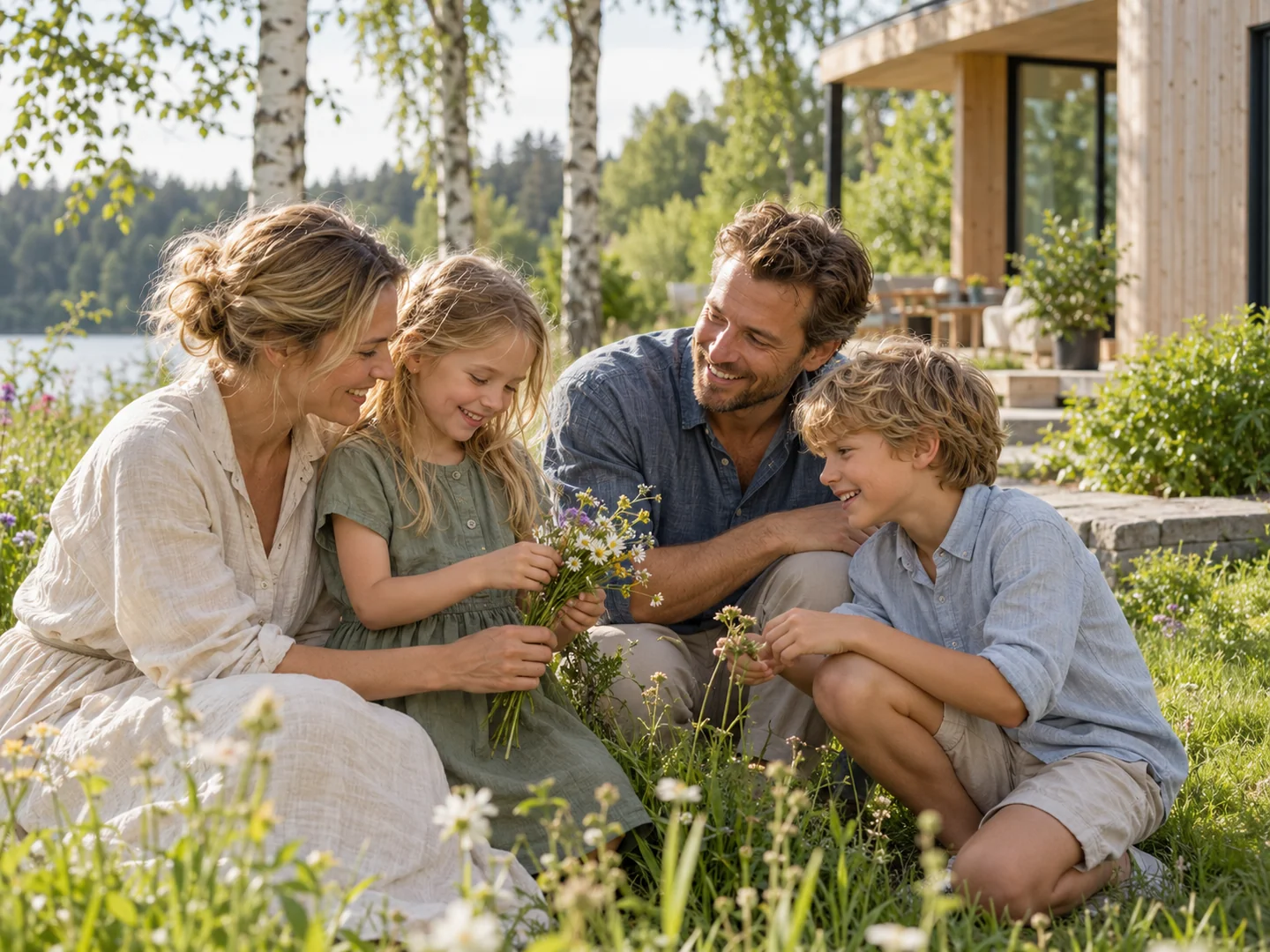 Illustrative scene of a family enjoying time together in a Nordic-style garden