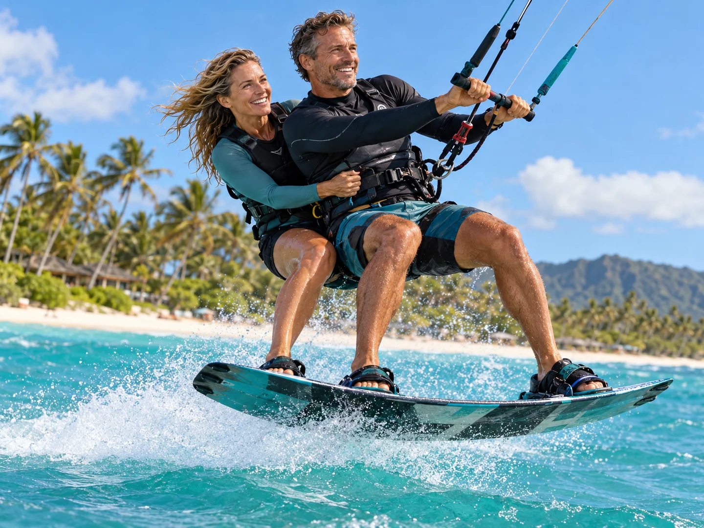AI-created scene of a smiling man and woman sharing a close-up tandem kitesurf jump